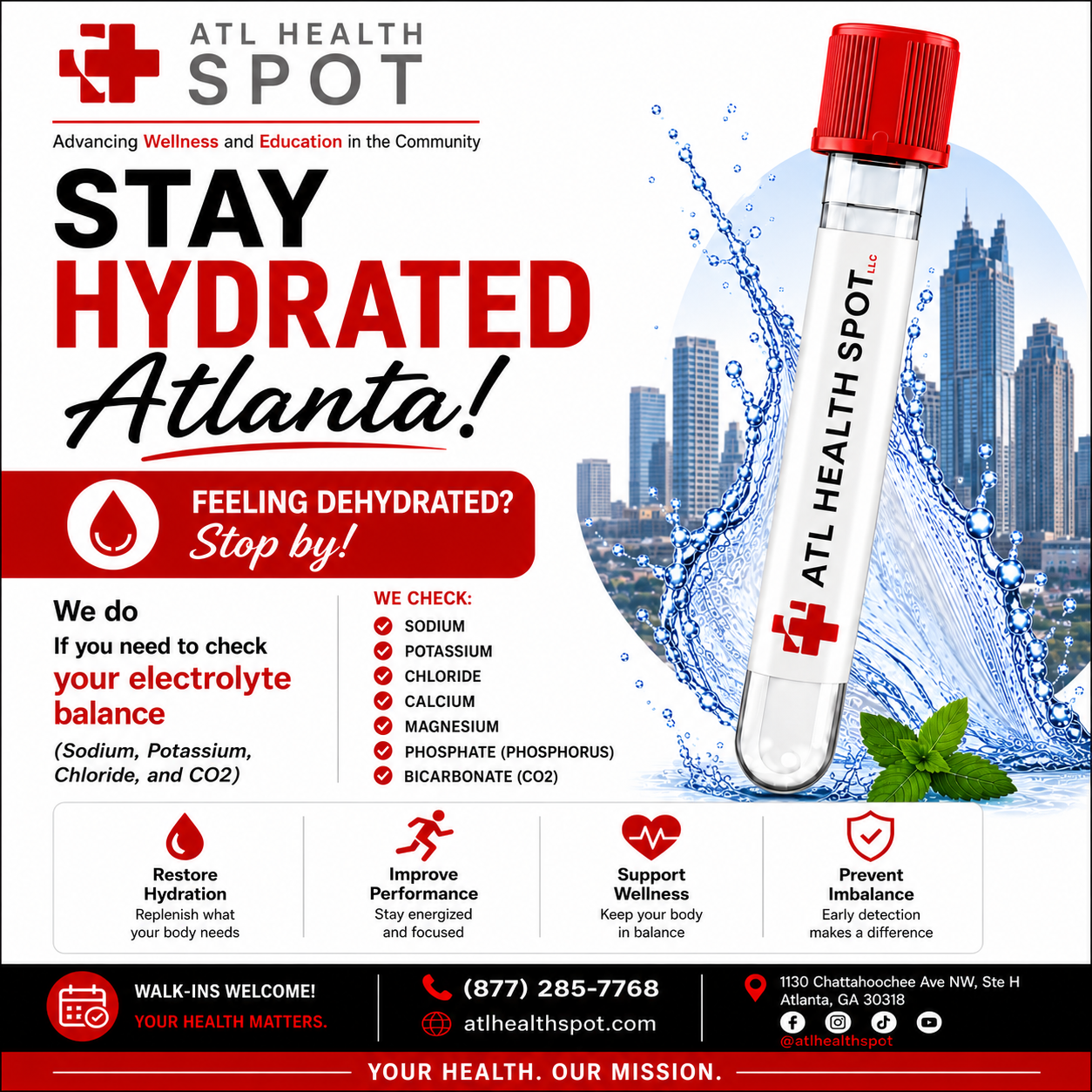 Stay Hydrated Atlanta — electrolyte panel flyer from ATL Health Spot listing sodium, potassium, chloride, calcium, magnesium, phosphate and bicarbonate.