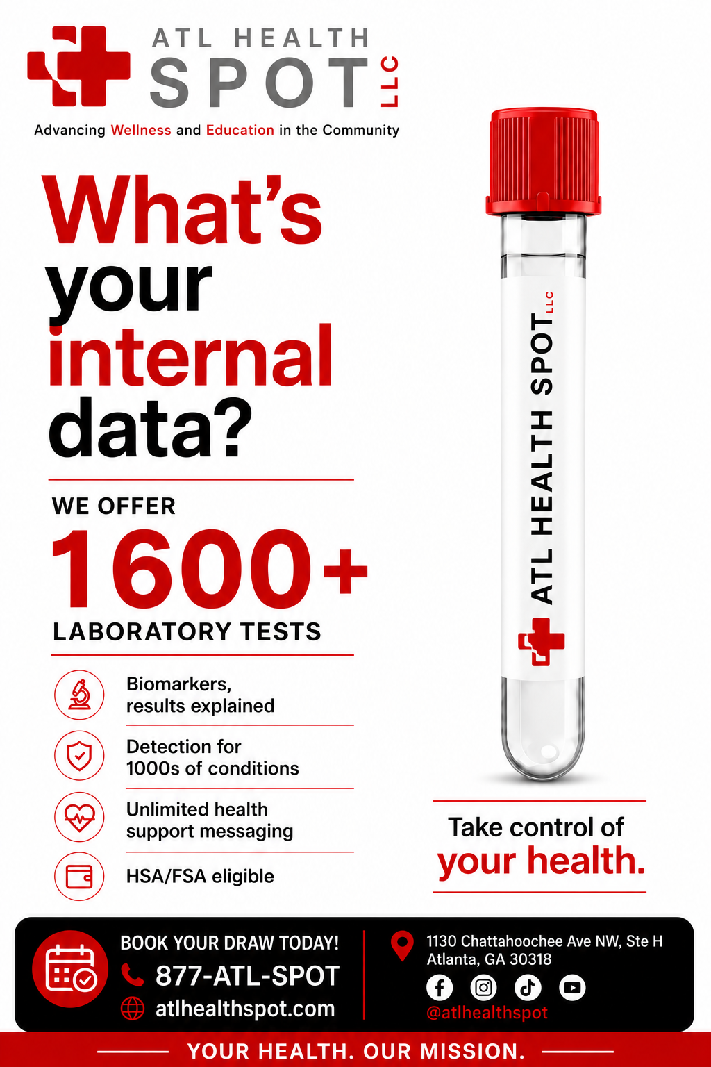 What's your internal data? ATL Health Spot flyer offering 1600+ laboratory tests, biomarkers, and HSA/FSA eligibility.